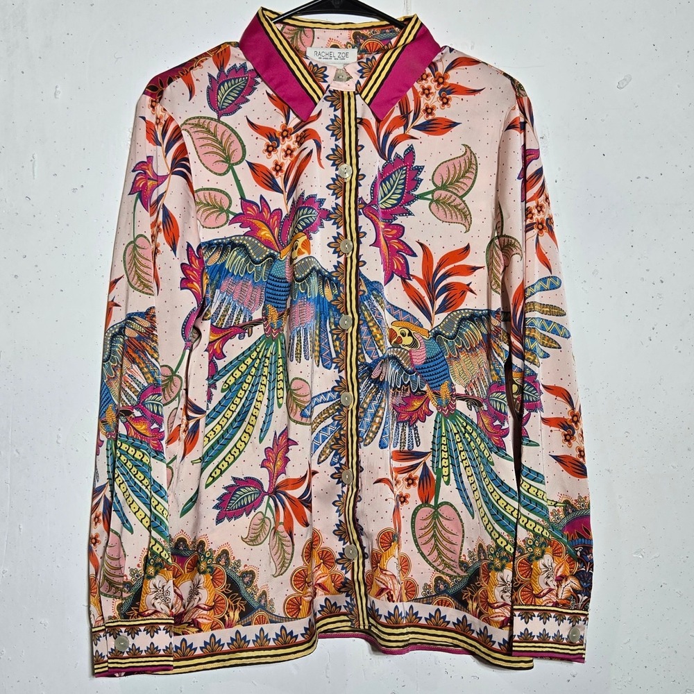 Rachel Zoe Tropical Bird Long Sleeve Button Shirt M Maximalist Statement Indie